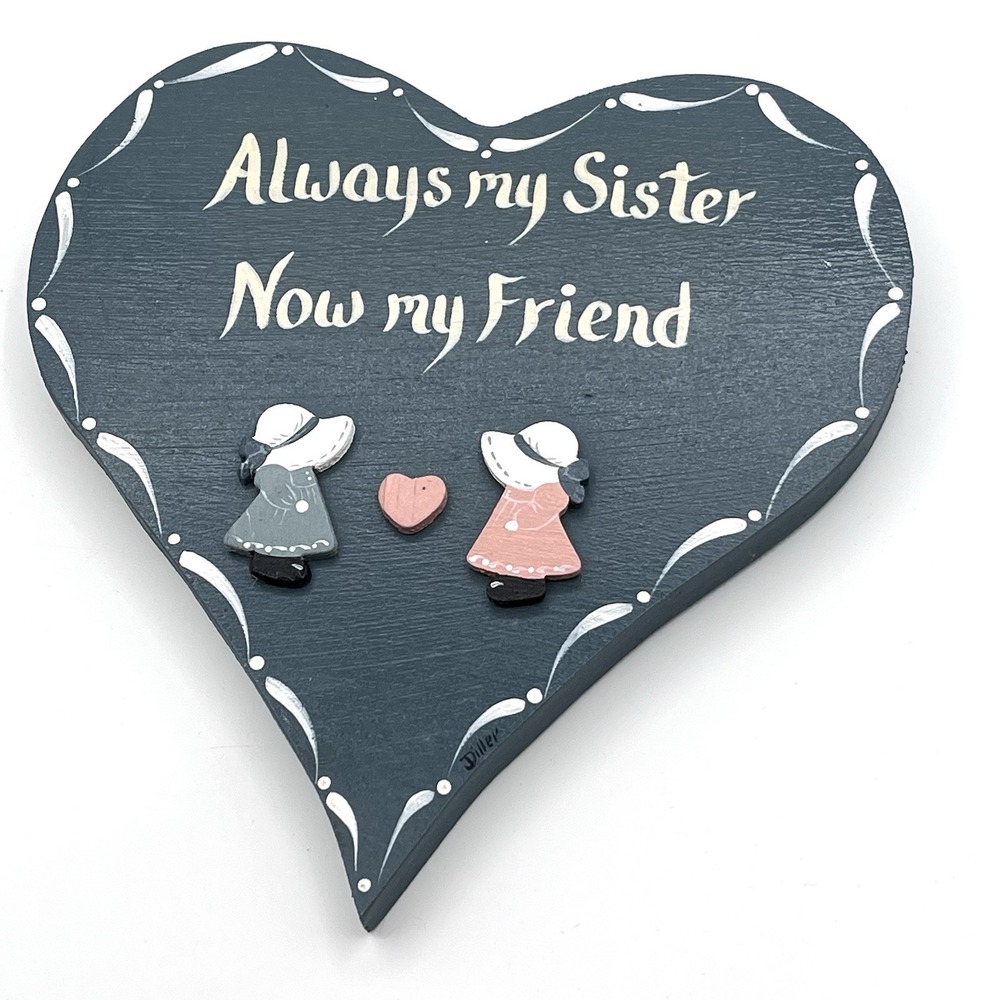 Vintage 80's Blue Heart Sisters Wall Decor Flowers Wood Country Cottagecore